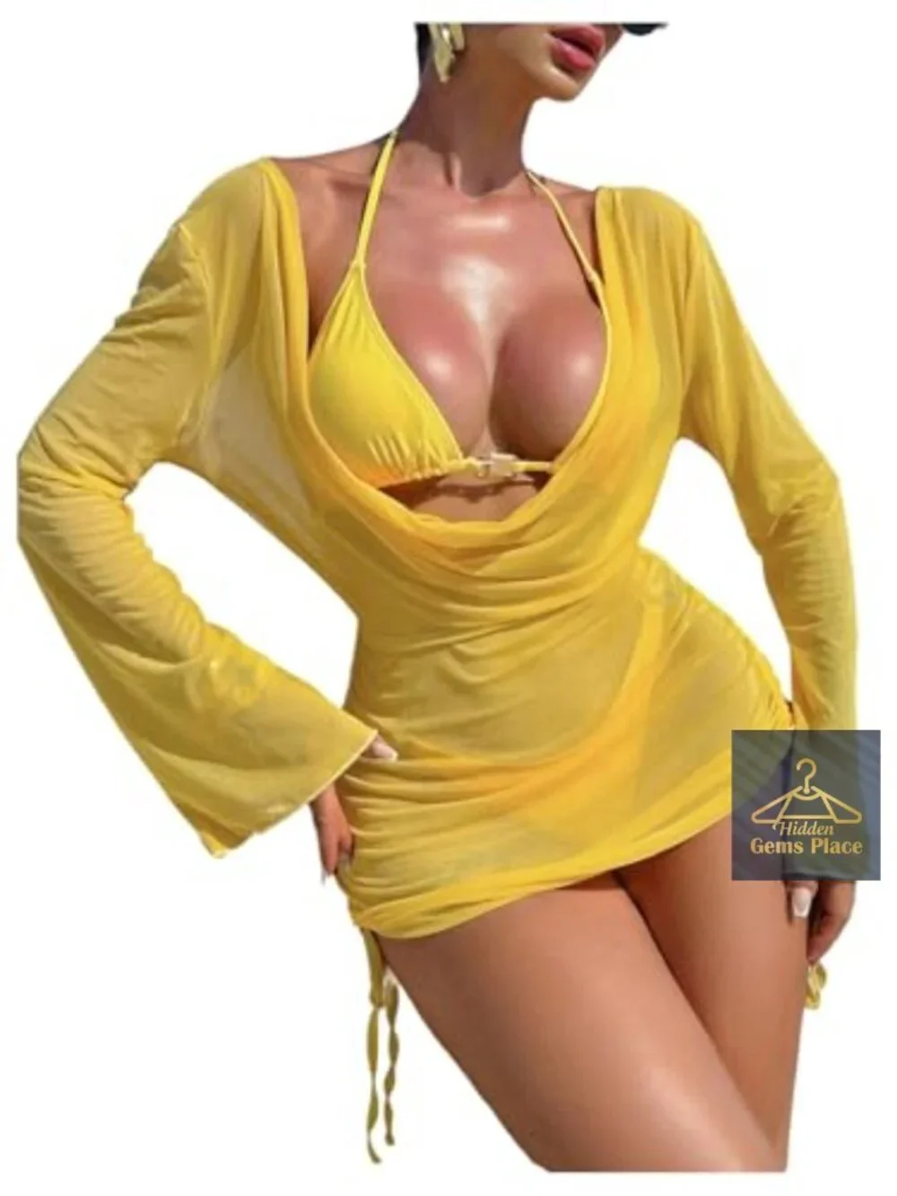 3 Piece Women's Bikini Set with Sheer Mesh Cover Up Long Sleeve Halter